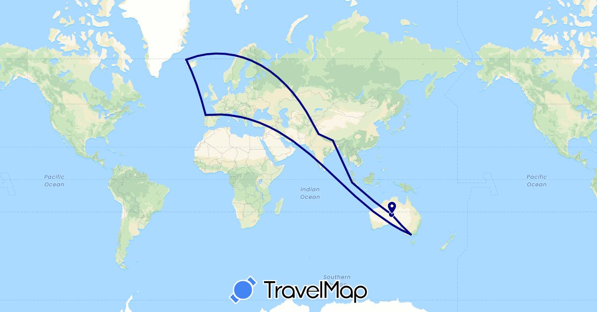 TravelMap itinerary: driving in Australia, China, Spain, Indonesia, India, Iceland (Asia, Europe, Oceania)